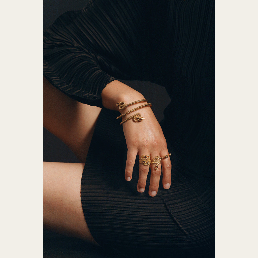 gyvateles motyvas apie pasikeitimus ir nauja gyvenima auksuotas zalvaris pusbrangiai akmenys apyranke juvelyrika is paryziaus